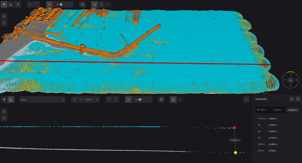 Pointcloud of the harbor showing the water depth measurement of about 7 meters